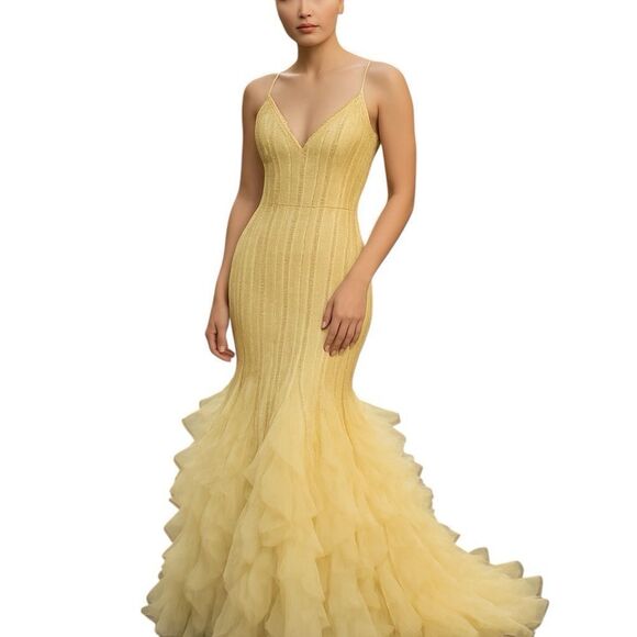 Mac Duggal Yellow Sequin Beaded Tulle Mermaid Formal Gown | Size 2 - Picture 1 of 15